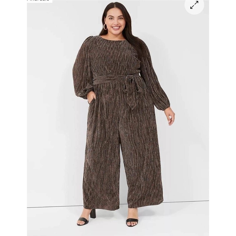 Lane Bryant Plus Size 30/32 Metallic Bronze Plissé Wide Leg Jumpsuit Long Sleeve